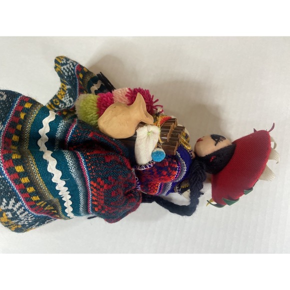 Vintage Embroidered Peruvian Folk Art Doll Handmade with 2Babies & Panpipes - Picture 8 of 16